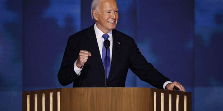 President Joe Biden speaks onstage during the first day of the Democratic National Convention at the United Center  in Chicago, Illinois. (Photo: Chip Somodevilla/Getty Images)