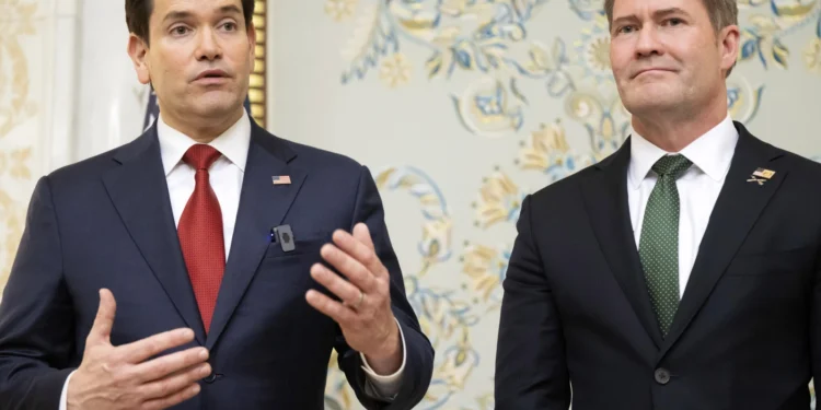 U.S. Secretary of State Marco Rubio, left, and U.S. National Security Advisor Mike Waltz speak with the media following meetings with a Ukrainian delegation in Jeddah, Saudi Arabia, March 11, 2025. (Photo: Saul Loeb/Pool/AP )