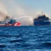 Kapal kargo terbakar di Pulau Mykonos, Greece