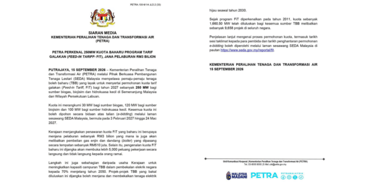 Kuota FiT 250 megawatt dijangka jana pelaburan RM3 bilion