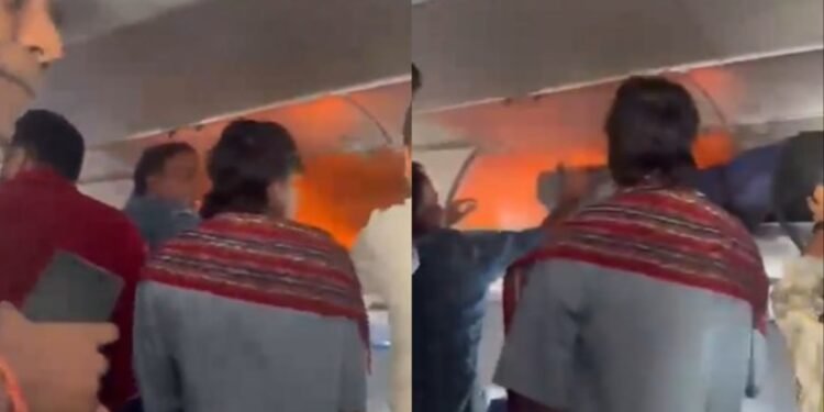 FOLLOWING the incident, the cabin crew used a fire extinguisher to contain the flames. - AGENSI